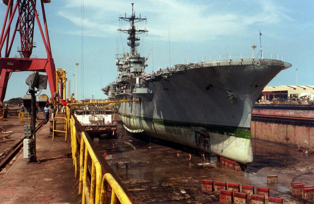 Industrial drydock facility with ships under repair or construction